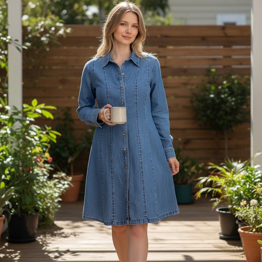 Madewell Denim Shirt Dress Womens 12 Fit Flare Snap Front Cotton Lyocell Blue